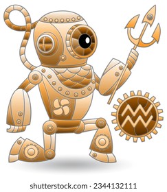 Illustration in the style of a stained glass window with a zodiac signs Aquarius, figure isolated on a white background, tone brown