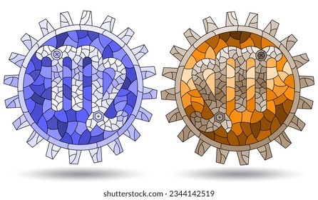 Illustration in the style of a stained glass window with a set of zodiac signs Libra, figures isolated on a white background, tone blue and brown