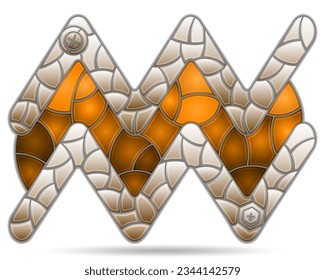 Illustration in the style of a stained glass window with a zodiac signs Aquarius, figure isolated on a white background, tone brown