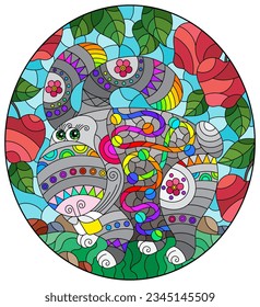 An illustration in the style of a stained glass window with a bright cartoon rabbit on a background of apples, grass and blue sky, oval image