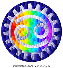 Illustration in the style of a stained glass window with an illustration of the steam punk sign of the Cancer horoscope, round image