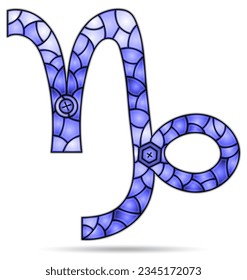 Illustration in the style of a stained glass window with the zodiac sign Capricorn, the symbol is isolated on a white background, tone blue