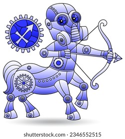 Illustration in the style of a stained glass window with a zodiac signs Sagittarius, figure isolated on a white background, tone blue