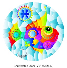 Illustration in the style of a stained glass window with an illustration of the steam punk rainbow sign of the horoscope pisces, oval image