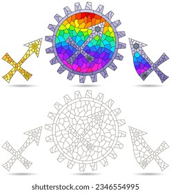 Illustration in the style of a stained glass window with a set of zodiac signs Sagittarius, figures isolated on a white background