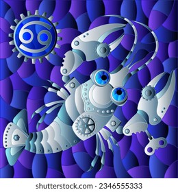 Illustration in the style of a stained glass window with an illustration of the steam punk sign of the horoscope cancer