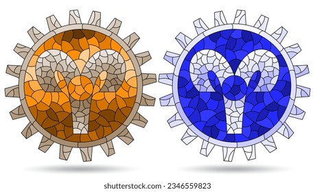 Illustration in the style of a stained glass window with a set of zodiac signs aries, figures isolated on a white background, tone blue and brown