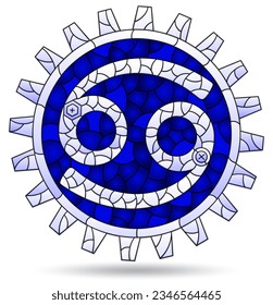 Illustration in the style of a stained glass window with the zodiac sign cancer, the symbol is isolated on a white background, tone blue