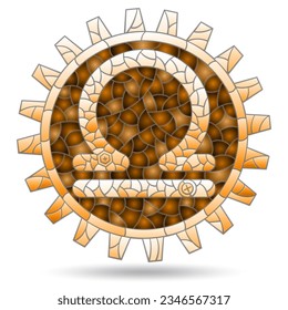 An illustration in the style of a stained glass window with the zodiac sign Libra, a figure isolated on a white background, tone brown
