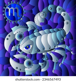 Illustration in the style of a stained glass window with an illustration of the steam punk sign of the horoscope scorpio