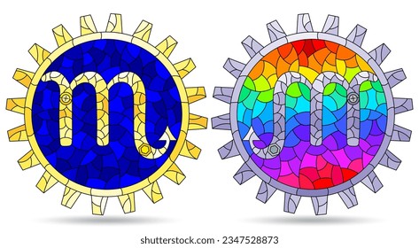 Illustration in the style of a stained glass window with a set of zodiac signs scorpio, figures isolated on a white background