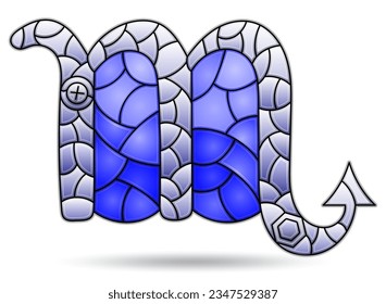 Illustration in the style of a stained glass window with an illustration of sign of the scorpio horoscope on a white bacground, tone blue