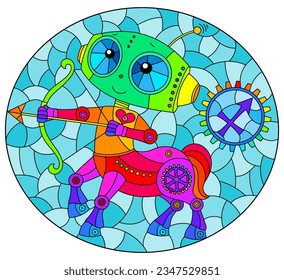 Illustration in the style of a stained glass window with an illustration of the steam punk sign of the horoscope Sagittarius, oval image