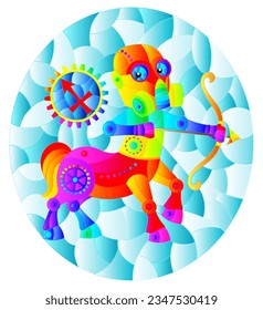 Illustration in the style of a stained glass window with an illustration of the steam punk sign of the horoscope Sagittarius, oval image