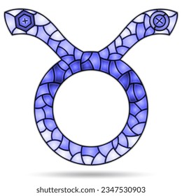 Illustration in the style of a stained glass window with the zodiac sign Taurus, the symbol is isolated on a white background, tone blue