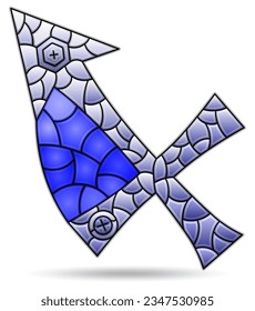 Illustration in the style of a stained glass window with the zodiac sign Sagittarius, the symbol is isolated on a white background, tone blue