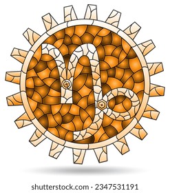 Illustration in the style of a stained glass window with the zodiac sign Capricorn, the symbol is isolated on a white background, tone brown