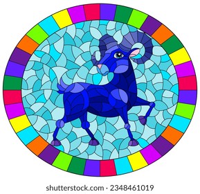 An illustration in the style of a stained glass window with an abstract rainbow ram in a bright frame, a oval image