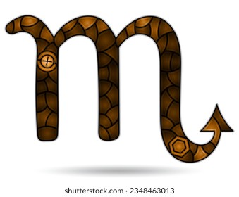 Illustration in the style of a stained glass window with an illustration of sign of the scorpio horoscope on a white bacground, tone brown