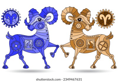 Illustration in the style of a stained glass window with a set of zodiac signs aries, figures isolated on a white background, tone blue and brown