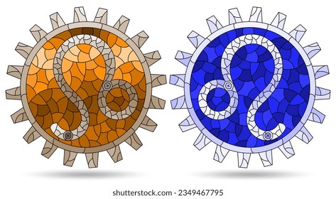 Illustration in the style of a stained glass window with a set of zodiac signs  leo, figures isolated on a white background, tone blue and brown