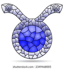 Illustration in the style of a stained glass window with the zodiac sign Taurus, the symbol is isolated on a white background, tone blue