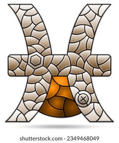 Illustration in the style of a stained glass window with the zodiac sign of pisces, the symbol is isolated on a white background, tone brown