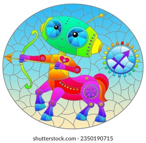 Illustration in the style of a stained glass window with an illustration of the steam punk sign of the horoscope Sagittarius, oval image