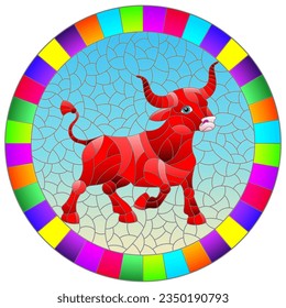 An illustration in the style of a stained glass window with an abstract rainbow bull in a bright frame, a oval image