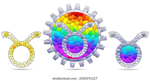 Illustration in the style of a stained glass window with a set of zodiac signs Sagittarius, figures isolated on a white background