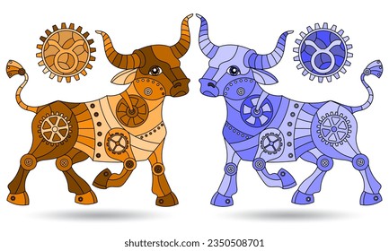 Illustration in the style of a stained glass window with a set of zodiac signs Sagittarius, figures isolated on a white background, tone blue and brown