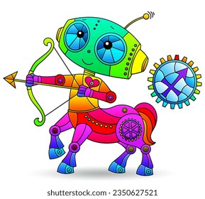 Illustration in the style of a stained glass window with a zodiac signs Sagittarius, figure isolated on a white background