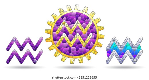 Illustration in the style of a stained glass window with a set of zodiac signs Aquarius, figures isolated on a white background