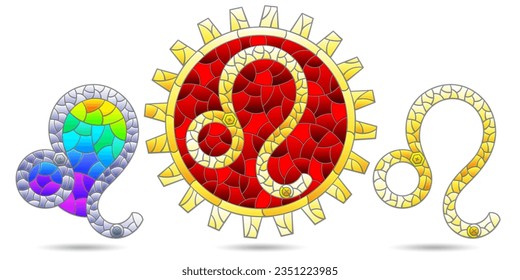 Illustration in the style of a stained glass window with a set of zodiac signs  leo, figures isolated on a white background