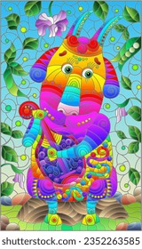 An illustration in the style of a stained glass window with a cute cartoon goat on the background of pea pods, a clearing and a blue sky