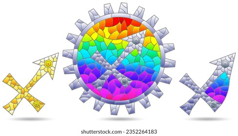 Illustration in the style of a stained glass window with a set of zodiac signs Sagittarius, figures isolated on a white background