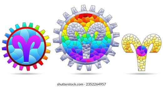 Illustration in the style of a stained glass window with a set of zodiac signs aries, figures isolated on a white background