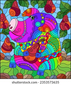 An illustration in the style of a stained glass window with a cartoon abstract pig in a meadow against the background of pear branches and blue sky