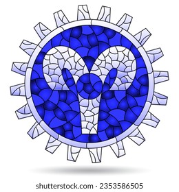 Illustration in the style of a stained glass window with the zodiac sign aries, the sign is isolated on a white background, tone blue