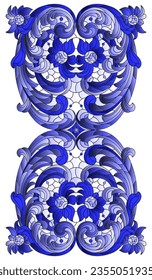 Illustration in the style of a stained glass window with an abstract floral element, the composition is isolated on a white background, tone blue