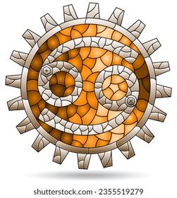 Illustration in the style of a stained glass window with the zodiac sign cancer, the symbol is isolated on a white background, tone brown