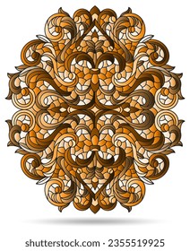 Illustration in the style of a stained glass window with an abstract floral element, the composition is isolated on a white background, tone brown