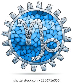 Illustration in the style of a stained glass window with the zodiac sign Capricorn, the symbol is isolated on a white background, tone blue