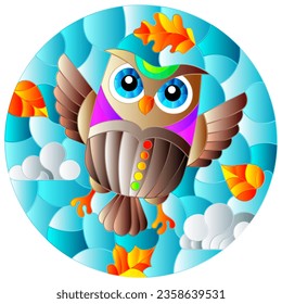 An illustration in the style of a stained glass window with bright cartoon owl on a background of blue sky and leaves, round image in a bright frame