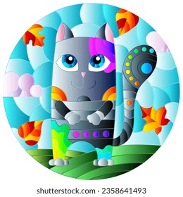 An illustration in the style of a stained glass window with bright cartoon cat on a background of blue sky and leaves 