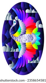 An illustration in the style of a stained glass window with a bright rainbow bird on a background of blue sky and clouds, oval image