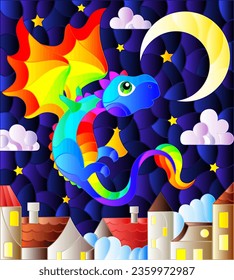 An illustration in the style of a stained glass window with a bright cute dragon on the background of the sky and the city