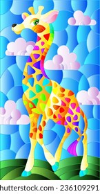 An illustration in the style of a stained glass window with a cute cartoon giraffe on the background of a meadow and a blue cloudy sky