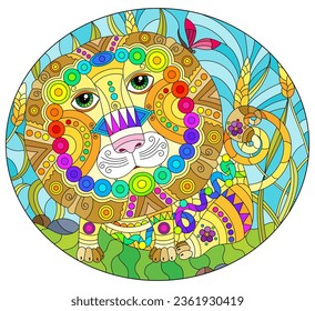 An illustration in the style of a stained glass window with a cute cartoon lion on the lawn against a background of spikelet and blue sky