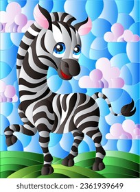 An illustration in the style of a stained glass window with a cute cartoon zebra on the background of a meadow and a blue cloudy sky